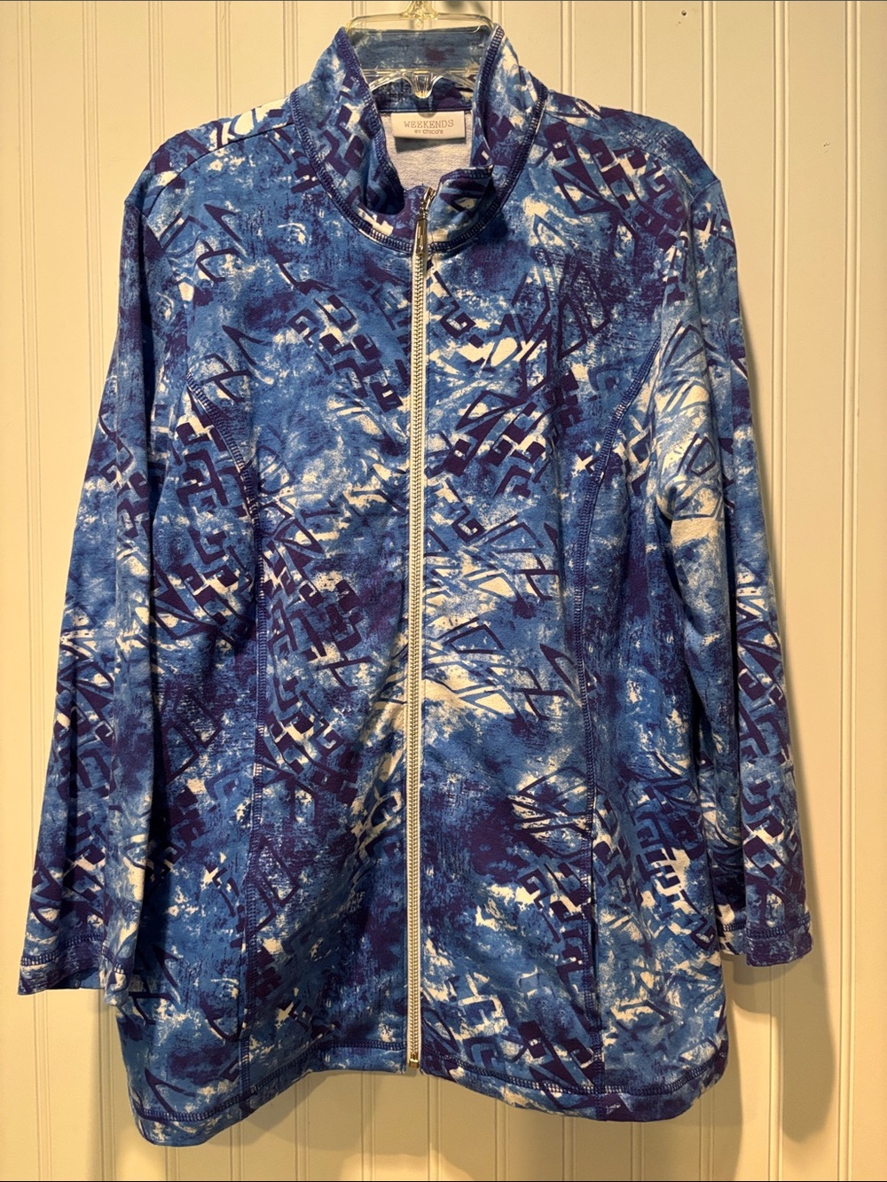 Weekends by Chico’s Blue Geometric Abstract Print Full Zip Jacket Sz (2) M 12-14